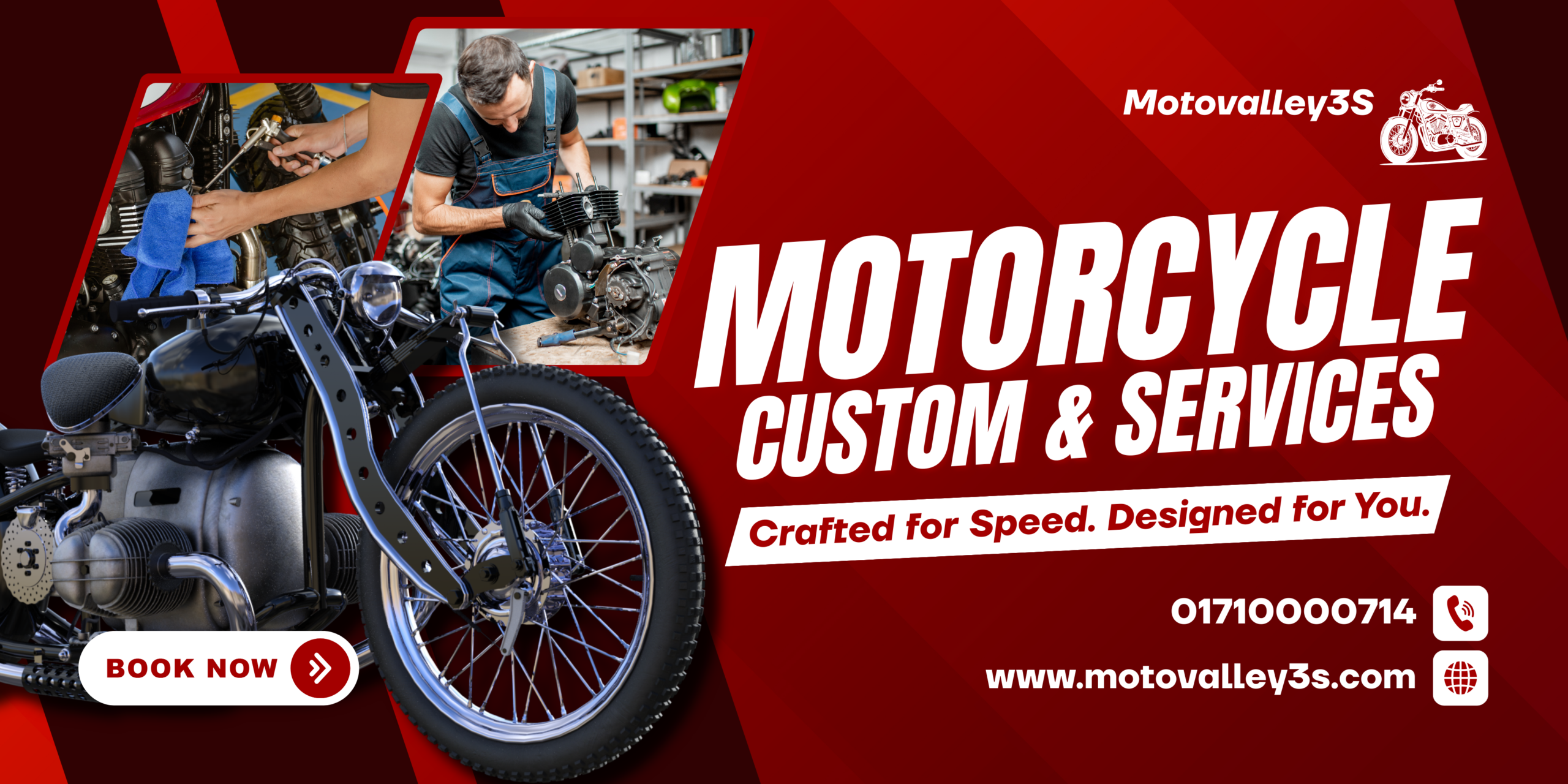 Red and White Modern Motorcycle Custom And Services Banner